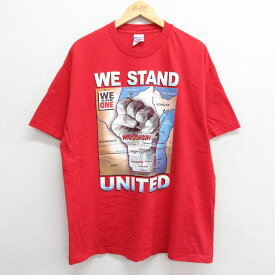 【中古】古着 半袖 ビンテージ ヴィンテージTシャツ メンズ 90年代 90s WE STAND ウィスコンシン 手 メッセージ USA製 アメリカ製 コットン クルーネック 丸首 赤 レッド XLサイズ 中古 | 春夏 夏物 夏服 ヴィンテージTシャツ メンズファッション カットソー ティーシ 2OF