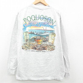 【中古】古着 長袖 ビンテージ ヴィンテージTシャツ メンズ 00年代 00s カニ POQUOSON 胸ポケット付き コットン クルーネック 丸首 薄グレー 霜降り XLサイズ 中古 | 春夏 春物 春服 秋冬 秋物 秋服 メンズファッション ロンT カットソー ロンティー ロングT ロングTシ