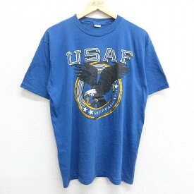 【中古】古着 半袖 ビンテージ ヴィンテージTシャツ メンズ 80年代 80s ミリタリー USAF ワシ クルーネック 丸首 USA製 アメリカ製 青 ブルー 【spe】 Lサイズ 中古 | 春夏 夏物 夏服 ヴィンテージTシャツ メンズファッション カットソー ティーシャツ ティシャツ メン