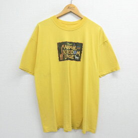 【中古】古着 半袖 ビンテージ ヴィンテージTシャツ メンズ 90年代 90s ディズニー DISNEY アニマルキングダムロッジ 大きいサイズ 2L LL ビッグシルエット ゆったり ビッグサイズ オーバーサイズ コットン クルーネック 丸首 カナダ製 黄 イエロー 【spe】 Lサイズ 中