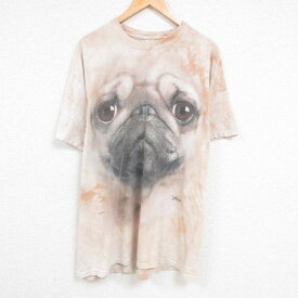 【中古】古着 半袖Tシャツ メンズ パグ 犬 大きいサイズ 2L LL ビッグシルエット ゆったり ビッグサイズ オーバーサイズ ロング丈 コットン クルーネック 丸首 ベージュ他 カーキ タイダイ XLサイズ 中古 中古メンズ半袖プリントキャラクター