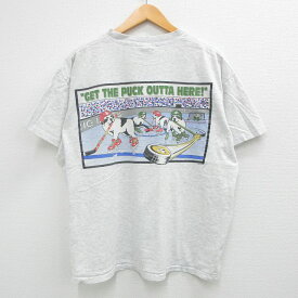 【中古】古着 ビッグドッグス 半袖 ビンテージ ヴィンテージTシャツ メンズ 90年代 90s アイスホッケー 大きいサイズ 2L LL ビッグシルエット ゆったり ビッグサイズ オーバーサイズ コットン クルーネック 丸首 USA製 アメリカ製 薄グレー 霜降り XLサイズ 中古 | 春 2OF