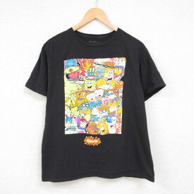 【中古】古着 半袖Tシャツ メンズ ニコロデオン アニメ スポンジボブ コットン クルーネック 丸首 黒 ブラック Lサイズ 中古 中古メンズ半袖プリントキャラクター