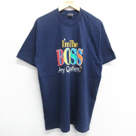 【中古】古着 半袖 ビンテージ ヴィンテージTシャツ メンズ 90年代 90s BOSS コットン クルーネック 丸首 USA製 アメリカ製 紺 ネイビー 【spe】 XLサイズ 中古 | 春夏 夏物 夏服 ヴィンテージTシャツ メンズファッション カットソー ティーシャツ ティシャツ メンズT 2OF