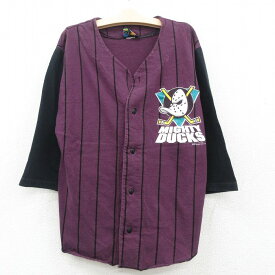 【中古】古着 長袖 ベースボールシャツ キッズ ボーイズ 子供服 90年代 90s NHL マイティダックス ノーカラー 紫他 パープル ストライプ アイスホッケー | 春夏 春物 春服 秋冬 秋物 秋服 女の子 子ども服 こども服 カジュアル ファッション おしゃれ かわいい