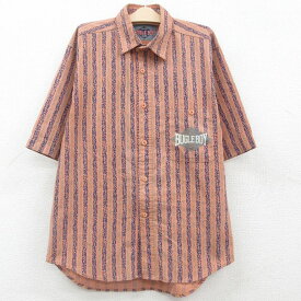 【中古】古着 ビューグルボーイ 半袖シャツ キッズ ボーイズ 子供服 90年代 90s ワンポイントロゴ 薄茶他 ブラウン ストライプ | 春夏 春物 春服 秋冬 秋物 秋服 女の子 子ども服 こども服 カジュアル ファッション おしゃれ かわいい 2OF