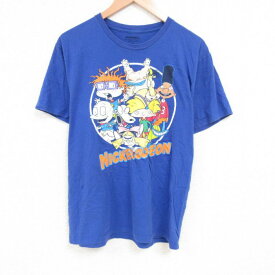 【中古】古着 半袖Tシャツ メンズ アニメ ニコロデオン コットン クルーネック 丸首 青 ブルー Lサイズ 中古 中古メンズ半袖プリントキャラクター