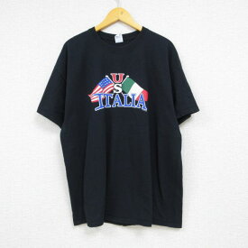 【中古】古着 半袖Tシャツ メンズ イタリア アメリカ 星条旗 コットン クルーネック 丸首 黒 ブラック XLサイズ 中古 中古メンズ半袖プリントキャラクター 2OF