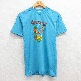 【中古】古着 半袖 ビンテージ ヴィンテージTシャツ メンズ 80年代 80s 地図 バルバトス クルーネック 丸首 水色 Sサイズ 小さいサイズ 中古 | 春夏 夏物 夏服 ヴィンテージTシャツ メンズファッション カットソー ティーシャツ ティシャツ メンズTシャツ 半袖Tシャツ