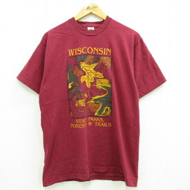 【中古】古着 半袖 ビンテージ ヴィンテージTシャツ メンズ 90年代 90s ウィスコンシン 葉 コットン クルーネック 丸首 USA製 アメリカ製 エンジ Lサイズ 中古 | 春夏 夏物 夏服 ヴィンテージTシャツ メンズファッション カットソー ティーシャツ ティシャツ メンズTシ 2OF