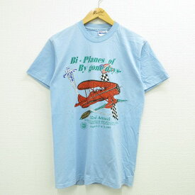 【中古】古着 ヘインズ Hanes 半袖 ビンテージ ヴィンテージTシャツ メンズ 90年代 90s 複葉飛行機 星条旗 クルーネック 丸首 USA製 アメリカ製 水色 Mサイズ 中古 | 春夏 夏物 夏服 ヴィンテージTシャツ メンズファッション カットソー ティーシャツ ティシャツ メン 2OF