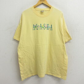 【中古】古着 半袖 ビンテージ ヴィンテージTシャツ レディース 00年代 00s アラスカ 花 刺繍 大きいサイズ 2L LL ビッグシルエット ゆったり ビッグサイズ オーバーサイズ コットン クルーネック 丸首 薄黄 イエロー 中古 | 春夏 春物 春服 秋冬 秋物 秋服 カットソー