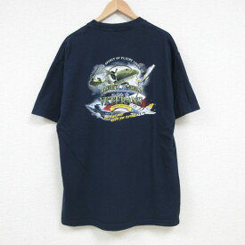 【中古】古着 半袖Tシャツ メンズ オシュコシュ OSHKOSH EAA エアーベンチャー ヘリコプター 飛行機 コットン クルーネック 丸首 USA製 アメリカ製 濃紺 ネイビー XLサイズ 中古 中古メンズ半袖プリントキャラクター 2OF