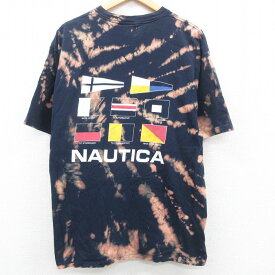 【中古】古着 ノーティカ NAUTICA 半袖 ビンテージ ヴィンテージ ブランドTシャツ メンズ 90年代 90s ビッグロゴ 大きいサイズ 2L LL ビッグシルエット ゆったり ビッグサイズ オーバーサイズ コットン クルーネック 丸首 USA製 アメリカ製 紺 ネイビー ブリーチ加工 X