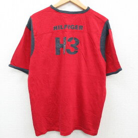 【中古】古着 トミーヒルフィガー TOMMY HILFIGER 長袖 ブランドTシャツ メンズ ビッグロゴ フロッキープリント 大きいサイズ 2L LL ビッグシルエット ゆったり ビッグサイズ オーバーサイズ Vネック 赤他 レッド リンガー XLサイズ 中古 | 春夏 春物 春服 秋冬 秋物