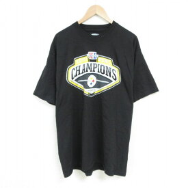 【中古】古着 リーボック REEBOK 半袖 ブランドTシャツ メンズ NFL ピッツバーグスティーラーズ チャンピオンズ ロング丈 コットン クルーネック 丸首 黒 ブラック アメフト スーパーボウル XLサイズ 中古 | 春夏 夏物 夏服 メンズファッション カットソー ティーシャ