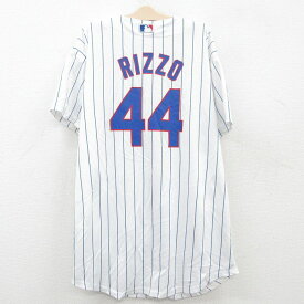 【中古】古着 マジェスティック 半袖 ベースボールシャツ キッズ ボーイズ 子供服 MLB シカゴカブス アンソニーリゾ ノーカラー メッシュ地 白他 ホワイト ストライプ メジャーリーグ 野球 | 春夏 春物 春服 秋冬 秋物 秋服 女の子 子ども服 こども服 カジュアル ファ