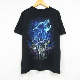 【中古】古着 半袖Tシャツ メンズ オオカミ コットン クルーネック 丸首 黒 ブラック Lサイズ 中古 中古メンズ半袖プリントキャラクター