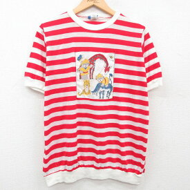 【中古】古着 半袖 ビンテージ ヴィンテージTシャツ レディース 80年代 80s クマ キリン USA製 アメリカ製 赤他 レッド ボーダー 中古 | 春夏 春物 春服 秋冬 秋物 秋服 カットソー レディースファッション ロンT ロング丈 おしゃれ かわいい ロンティー ロングT ロン