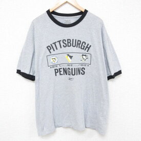 【中古】古着 リーボック REEBOK 半袖 ブランドTシャツ メンズ NHL ピッツバーグペンギンズ 大きいサイズ 2L LL ビッグシルエット ゆったり ビッグサイズ オーバーサイズ クルーネック 丸首 グレー リンガー 霜降り アイスホッケー XLサイズ 中古 | 春夏 夏物 夏服 メ