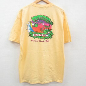 【中古】古着 半袖 ビンテージ ヴィンテージTシャツ メンズ 00年代 00s カエル ヤシの木 大きいサイズ 2L LL ビッグシルエット ゆったり ビッグサイズ オーバーサイズ コットン クルーネック 丸首 黄 イエロー XLサイズ 中古 | 春夏 夏物 夏服 メンズファッション カッ