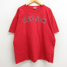 【中古】古着 マジェスティック 半袖 ビンテージ ヴィンテージTシャツ メンズ 00年代 00s MLB ボストンレッドソックス ジョニーデイモン 18 大きいサイズ 2L LL ビッグシルエット ゆったり ビッグサイズ オーバーサイズ コットン クルーネック 丸首 赤 レッド メジャー