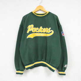 【中古】古着 スターター STARTER 長袖スウェット メンズ 90年代 90s NFL グリーンベイパッカーズ 鹿の子 大きいサイズ 2L LL ビッグシルエット ゆったり ビッグサイズ オーバーサイズ クルーネック 丸首 緑 グリーン アメフト スーパーボウル 【spe】 XLサイズ 中古