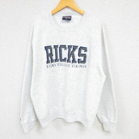 【中古】古着 ジャンスポーツ 長袖スウェット メンズ 90年代 90s RICKS カレッジ 刺繍 クルーネック 丸首 USA製 アメリカ製 薄グレー 霜降り Lサイズ 中古 スエット トレーナー トップス | 春夏 春物 春服 秋冬 秋物 秋服 メンズファッション カジュアル おしゃれ ファ 2OF