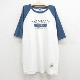 【中古】古着 トミーヒルフィガー TOMMY HILFIGER 半袖 ビンテージ ヴィンテージ ブランドTシャツ キッズ ボーイズ 子供服 90年代 90s ビッグロゴ ツートンカラー バイカラー ラグラン コットン クルーネック 丸首 USA製 アメリカ製 白他 ホワイト | 春夏 春物 春服 秋