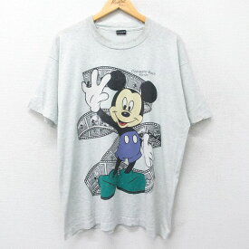 【中古】古着 フルーツオブザルーム 半袖 ビンテージ ヴィンテージTシャツ メンズ 90年代 90s ディズニー DISNEY ミッキー MICKEY MOUSE 大きいサイズ 2L LL ビッグシルエット ゆったり ビッグサイズ オーバーサイズ クルーネック 丸首 USA製 アメリカ製 グレー 霜降り 2OF