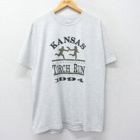 【中古】古着 ヘインズ Hanes 半袖 ビンテージ ヴィンテージTシャツ メンズ 90年代 90s カンザス トーチラン ラメ 企業広告 クルーネック 丸首 USA製 アメリカ製 薄グレー 霜降り XLサイズ 中古 | 春夏 夏物 夏服 ヴィンテージTシャツ メンズファッション カットソー