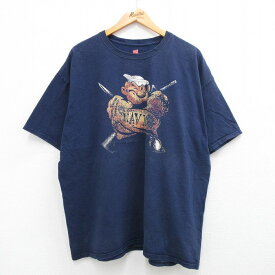 【中古】古着 ヘインズ Hanes 半袖Tシャツ メンズ ポパイ NAVY 大きいサイズ 2L LL ビッグシルエット ゆったり ビッグサイズ オーバーサイズ コットン クルーネック 丸首 紺 ネイビー XLサイズ 中古 中古メンズ半袖プリントキャラクター