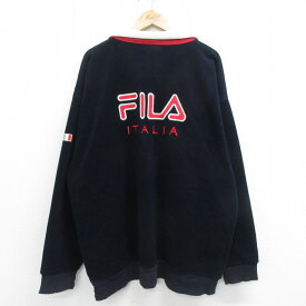 【中古】古着 フィラ FILA 長袖 ハーフジップ フリースジャケット メンズ 90年代 90s ビッグロゴ イタリア 刺繍 大きいサイズ 2L LL ビッグシルエット ゆったり ビッグサイズ オーバーサイズ ロング丈 濃紺 ネイビー XLサイズ 中古 アウター | 秋冬 秋物 秋服 冬物 冬 2OF