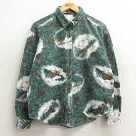 【中古】古着 ウールリッチ WOOLRICH 長袖 フランネルシャツ レディース 90年代 90s 松ぼっくり 小屋 総柄 コットン USA製 アメリカ製 緑他 グリーン 中古 ブラウス トップス | 春夏 春物 春服 秋冬 秋物 秋服 カジュアル レディースファッション おしゃれ かわいい