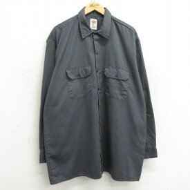 【中古】古着 ディッキーズ Dickies 長袖 ワークシャツ メンズ 大きいサイズ 2L LL ビッグシルエット ゆったり ビッグサイズ オーバーサイズ ロング丈 濃グレー XLサイズ 中古 トップス | 春夏 春物 春服 秋冬 秋物 秋服 カジュアルシャツ メンズファッション 長袖シャ 2OF