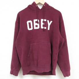 【中古】古着 オベイ OBEY 長袖スウェットパーカー メンズ ビッグロゴ エンジ Lサイズ 中古 スエット トレーナー トップス | 春夏 春物 春服 秋冬 秋物 秋服 メンズファッション カジュアル おしゃれ ファッション 2OF