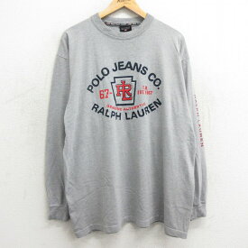 【中古】古着 ラルフローレン Ralph Lauren ポロジーンズ 長袖 ビンテージ ヴィンテージ ブランドTシャツ メンズ 90年代 90s ビッグロゴ 大きいサイズ 2L LL ビッグシルエット ゆったり ビッグサイズ オーバーサイズ コットン クルーネック 丸首 USA製 アメリカ製 グレ