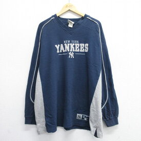 【中古】古着 リー Lee 長袖 ビンテージ ヴィンテージTシャツ メンズ 00年代 00s MLB ニューヨークヤンキース 刺繍 大きいサイズ 2L LL ビッグシルエット ゆったり ビッグサイズ オーバーサイズ コットン Vネック 紺他 ネイビー メジャーリーグ ベースボール 野球 【sp