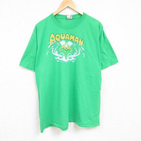 【中古】古着 半袖Tシャツ メンズ DCコミックス アクアマン 大きいサイズ 2L LL ビッグシルエット ゆったり ビッグサイズ オーバーサイズ コットン クルーネック 丸首 緑 グリーン XLサイズ 中古 中古メンズ半袖プリントキャラクター