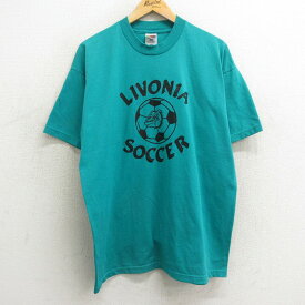 【中古】古着 フルーツオブザルーム 半袖 ビンテージ ヴィンテージTシャツ メンズ 90年代 90s リヴォニア サッカー クルーネック 丸首 青緑 XLサイズ 中古 | 春夏 夏物 夏服 ヴィンテージTシャツ メンズファッション カットソー ティーシャツ ティシャツ メンズTシャツ