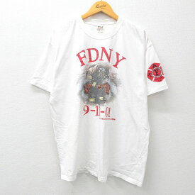 【中古】古着 半袖 ビンテージ ヴィンテージTシャツ メンズ 00年代 00s FDNY 消防士 大きいサイズ 2L LL ビッグシルエット ゆったり ビッグサイズ オーバーサイズ コットン クルーネック 丸首 白 ホワイト XLサイズ 中古 | 春夏 夏物 夏服 ヴィンテージTシャツ メンズ