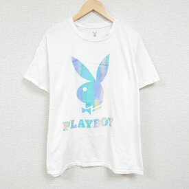 【中古】古着 プレイボーイ PLAY BOY 半袖Tシャツ メンズ ビッグロゴ コットン クルーネック 丸首 白 ホワイト XLサイズ 中古 中古メンズ半袖プリントキャラクター