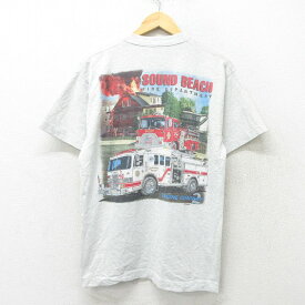 【中古】古着 フルーツオブザルーム 半袖 ビンテージ ヴィンテージTシャツ メンズ 90年代 90s 消防車 クルーネック 丸首 USA製 アメリカ製 薄グレー 霜降り Lサイズ 中古 | 春夏 夏物 夏服 ヴィンテージTシャツ メンズファッション カットソー ティーシャツ ティシャツ