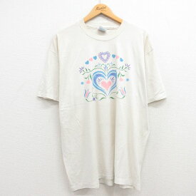 【中古】古着 ヘインズ Hanes 半袖 ビンテージ ヴィンテージTシャツ メンズ 90年代 90s ハート 花 クルーネック 丸首 白 ホワイト XLサイズ 中古 | 春夏 夏物 夏服 ヴィンテージTシャツ メンズファッション カットソー ティーシャツ ティシャツ メンズTシャツ 半袖Tシ