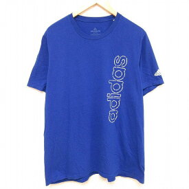 【中古】古着 アディダス adidas 半袖Tシャツ メンズ ビッグロゴ コットン クルーネック 丸首 青 ブルー XLサイズ 中古 | 春夏 夏物 夏服 メンズファッション カットソー ティーシャツ ティシャツ メンズTシャツ 半袖Tシャツ 半袖ティーシャツ カジュアルTシャツ おし