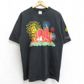 【中古】古着 フルーツオブザルーム 半袖 ビンテージ ヴィンテージTシャツ メンズ 90年代 90s クリーブランド 花火 ビル コットン クルーネック 丸首 USA製 アメリカ製 黒 ブラック 【spe】 XLサイズ 中古 | 春夏 夏物 夏服 ヴィンテージTシャツ メンズファッション カ