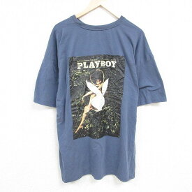 【中古】古着 プレイボーイ PLAY BOY 半袖Tシャツ メンズ 大きいサイズ 2L LL ビッグシルエット ゆったり ビッグサイズ オーバーサイズ ロング丈 クルーネック 丸首 薄紺 ネイビー XLサイズ 中古 中古メンズ半袖プリントキャラクター