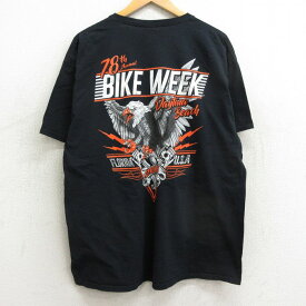 【中古】古着 フルーツオブザルーム 半袖Tシャツ メンズ バイクウィーク 鳥 エンジン 大きいサイズ 2L LL ビッグシルエット ゆったり ビッグサイズ オーバーサイズ クルーネック 丸首 黒 ブラック XLサイズ 中古 | 春夏 夏物 夏服 メンズファッション カットソー ティ