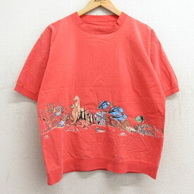 【中古】古着 半袖Tシャツ レディース 魚 タツノオトシゴ ヒトデ クルーネック 丸首 赤系 レッド 中古 | 春夏 春物 春服 秋冬 秋物 秋服 カットソー レディースファッション ロンT ロング丈 おしゃれ かわいい ロンティー ロングT ロングTシャツ ロングティーシャツ 長