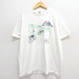 【中古】古着 フルーツオブザルーム 半袖 ビンテージ ヴィンテージTシャツ メンズ 90年代 90s ロードレース 自転車 企業広告 大きいサイズ 2L LL ビッグシルエット ゆったり ビッグサイズ オーバーサイズ コットン クルーネック 丸首 USA製 アメリカ製 白 ホワイト XL